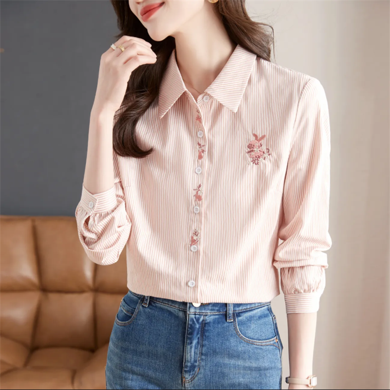 Embroidery Cardigan - Spring Women Blouses Embroidered Shirt Pink