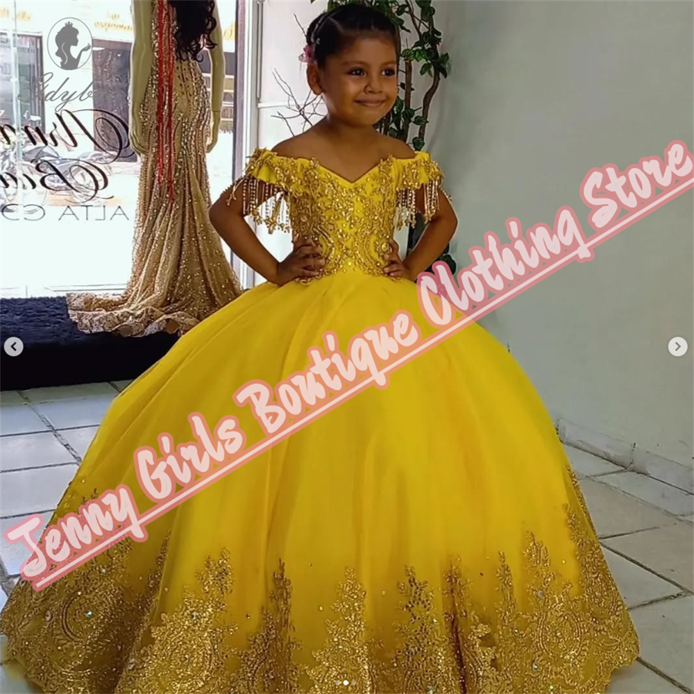 Embroidery Yellow Flower - Yellow Beautiful Girl Birthday Princess Dress