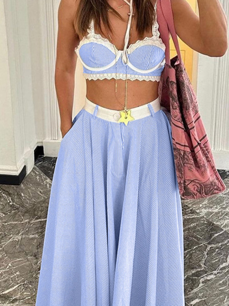 Embroidery Simple - Summer New Halter Crop Tops&Long Skirts