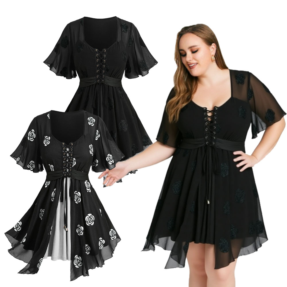 Embroidery Rose - Plus Size 2-in-1 Tops Rose Flower