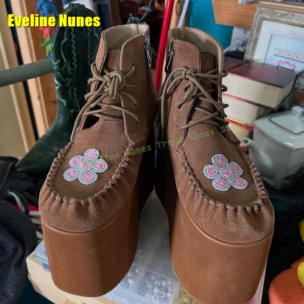 Brown Flower Embroidery Platfo - Embroidery Lace avis et prix