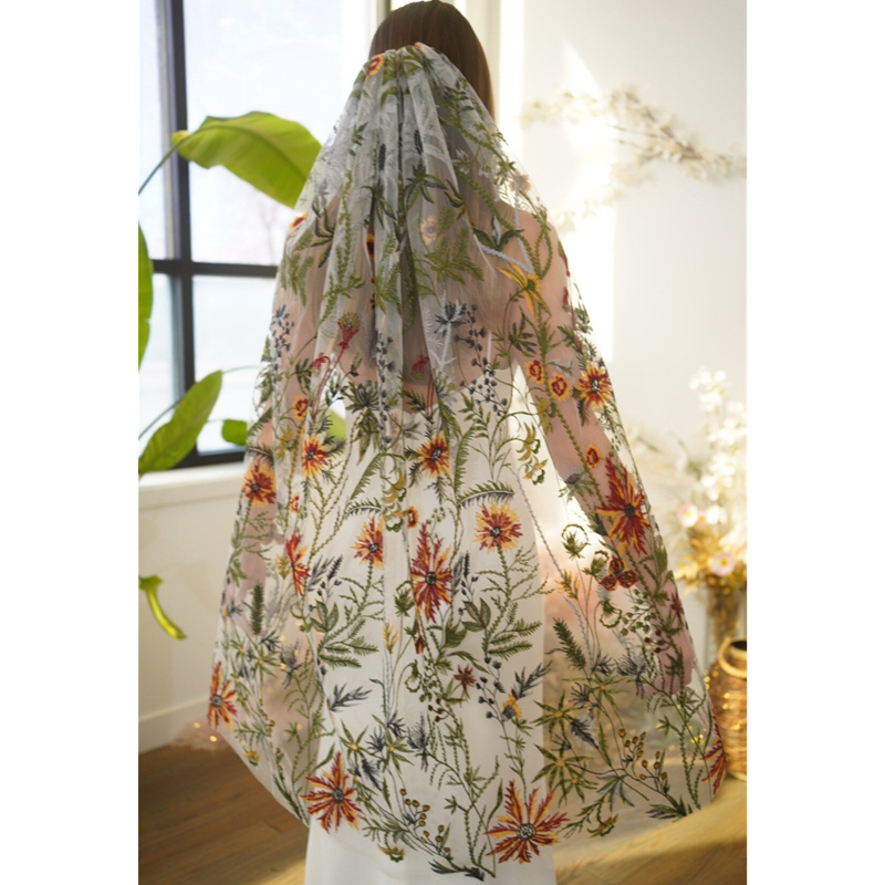 Floral Bridal Wedding Veils Wi - Embroidery Yellow Flower avis et prix