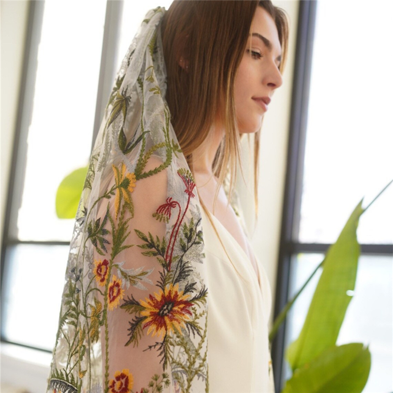 Floral Bridal Wedding Veils Wi - Embroidery Yellow Flower avis et prix