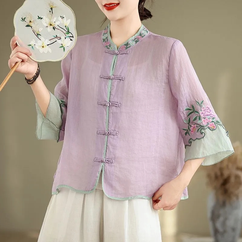 Summer Cotton And Hemp Art Ret - Embroidery Cardigan avis et prix