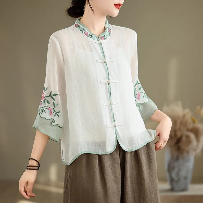 Summer Cotton And Hemp Art Ret - Embroidery Cardigan avis et prix