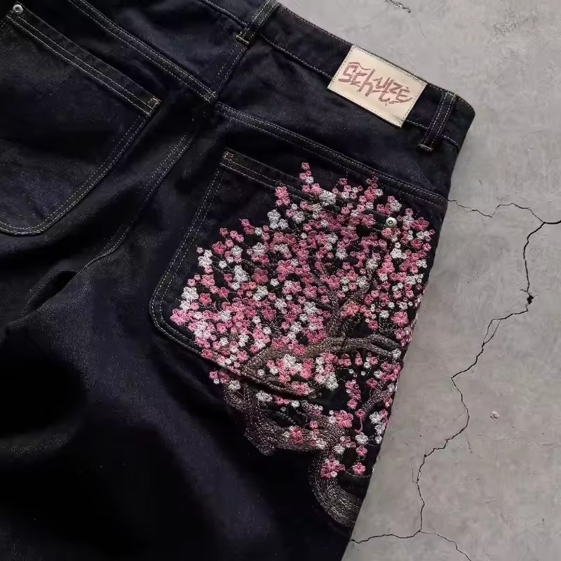 Y2K Mens Womens Harajuku Hip H - Embroidery Jeans Sakura avis et prix