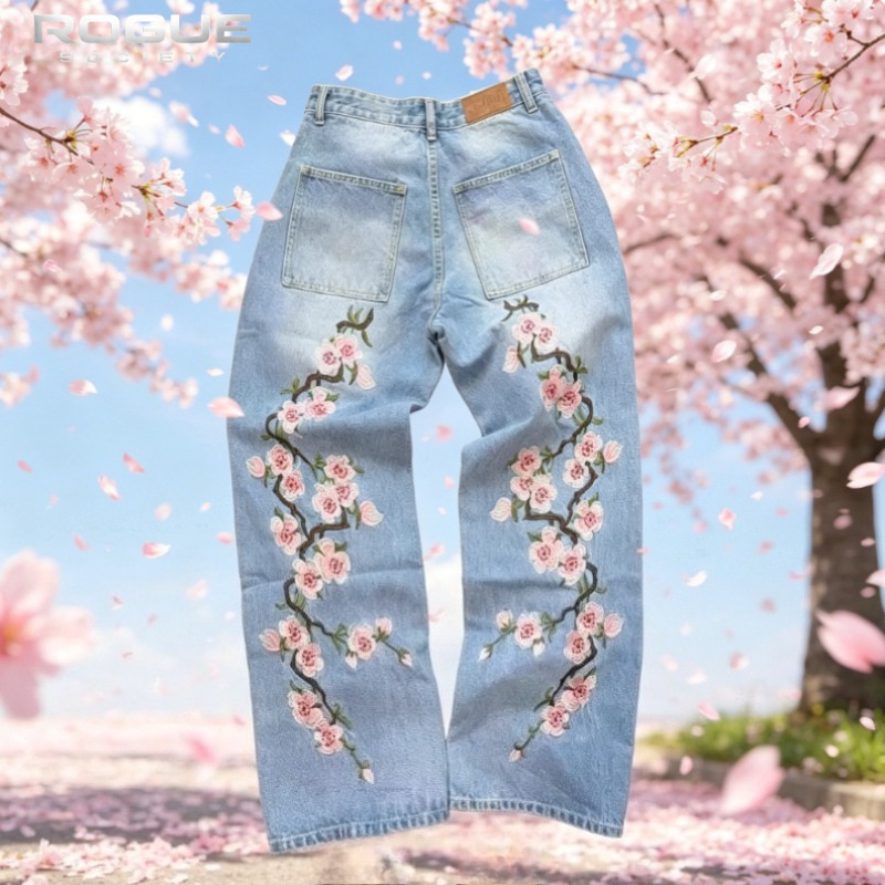 New Y2K American Retro Sakura  - Embroidery Jeans Sakura avis et prix