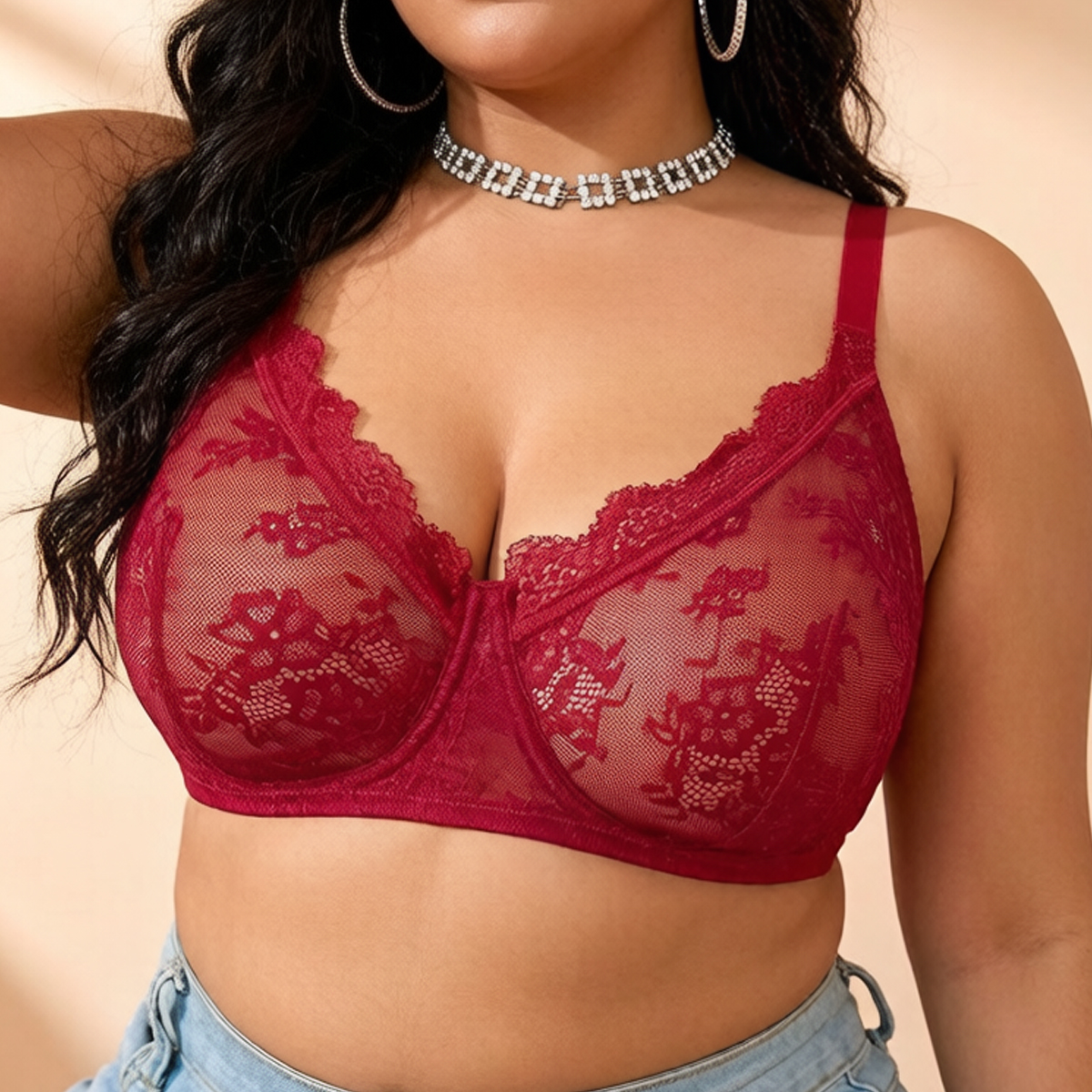 Women Plus Size Red Lace Sheer - Embroidery Lace avis et prix