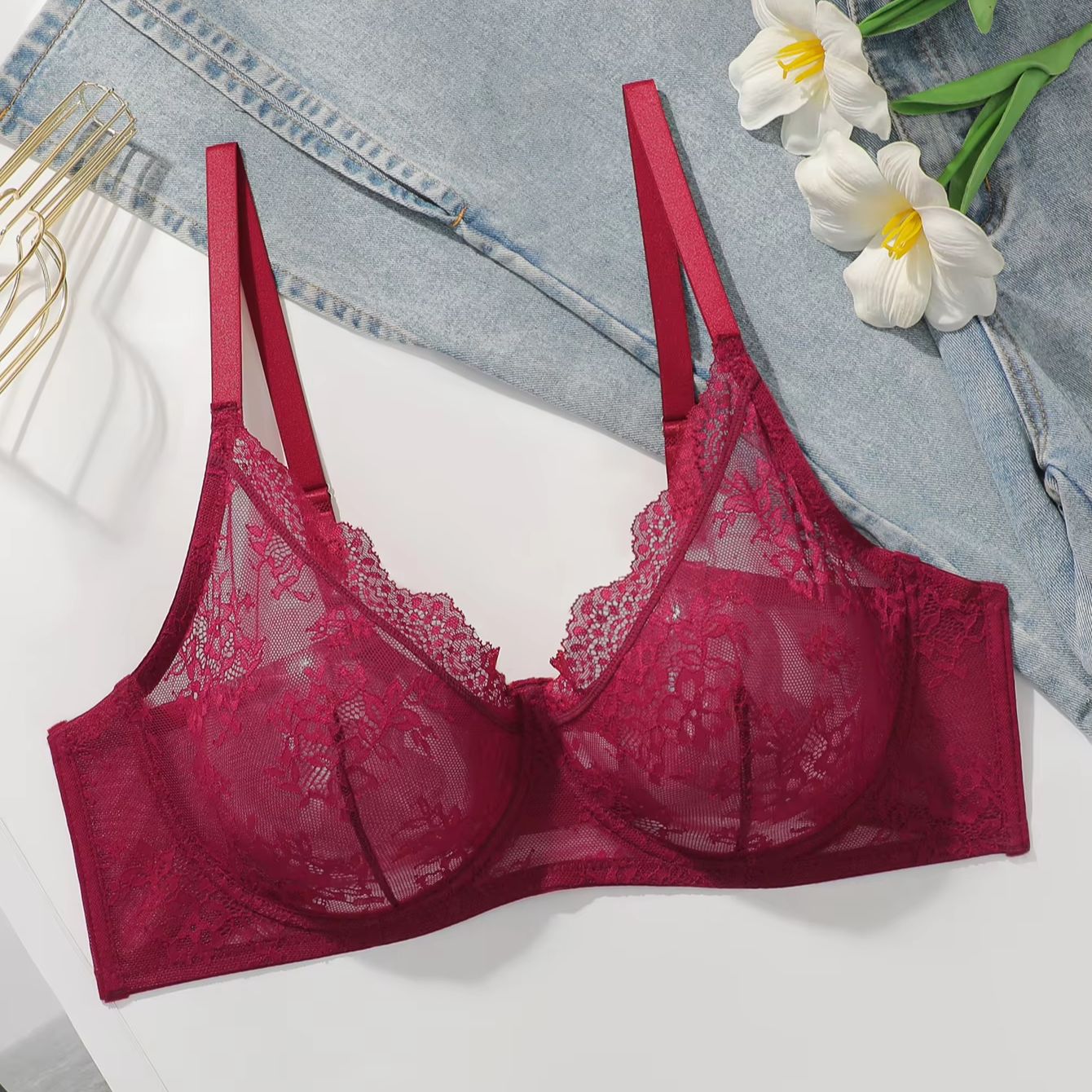 Women Plus Size Red Lace Sheer - Embroidery Lace avis et prix