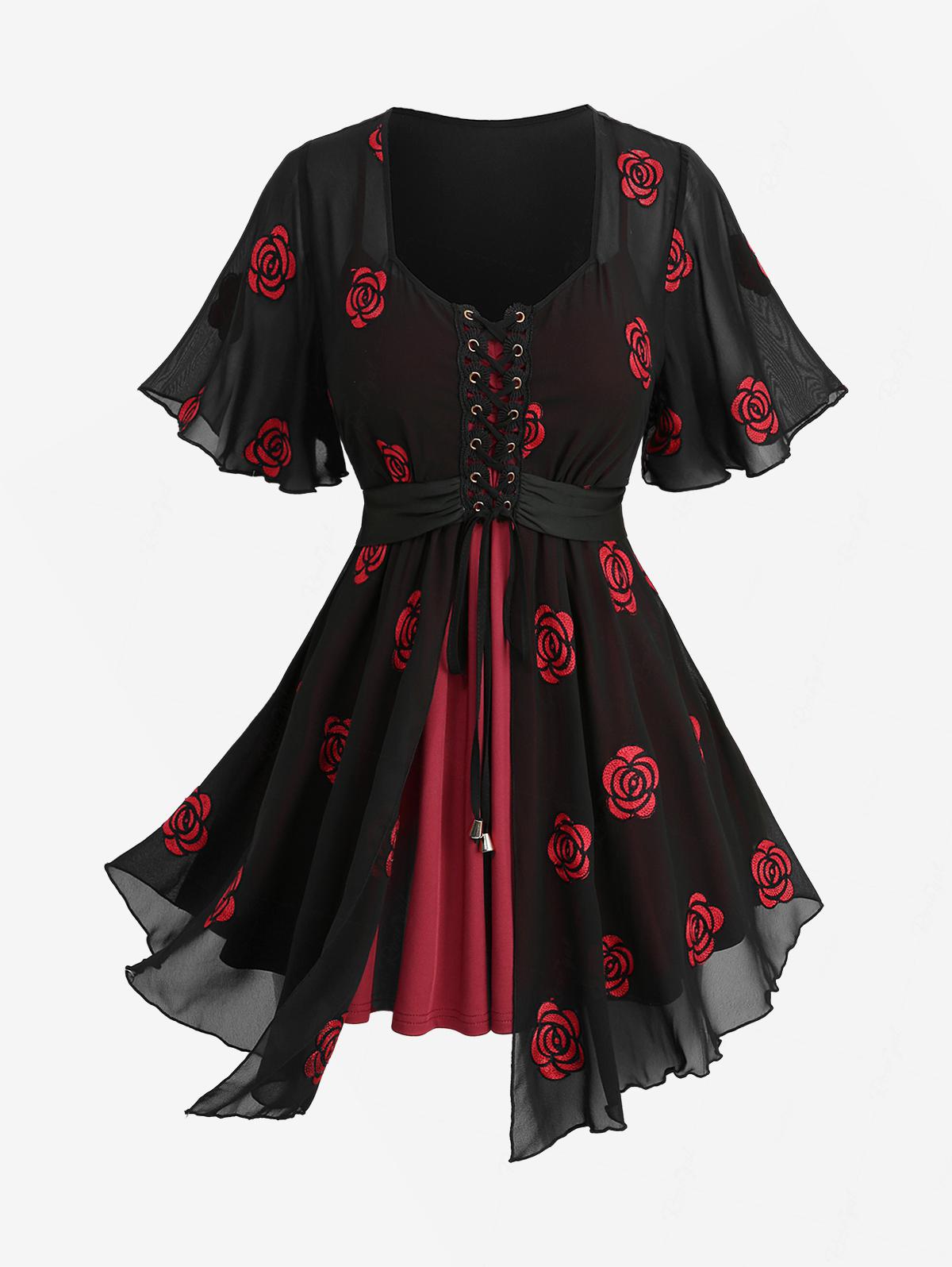 Plus Size 2-in-1 Tops Rose Flo - Embroidery Rose avis et prix