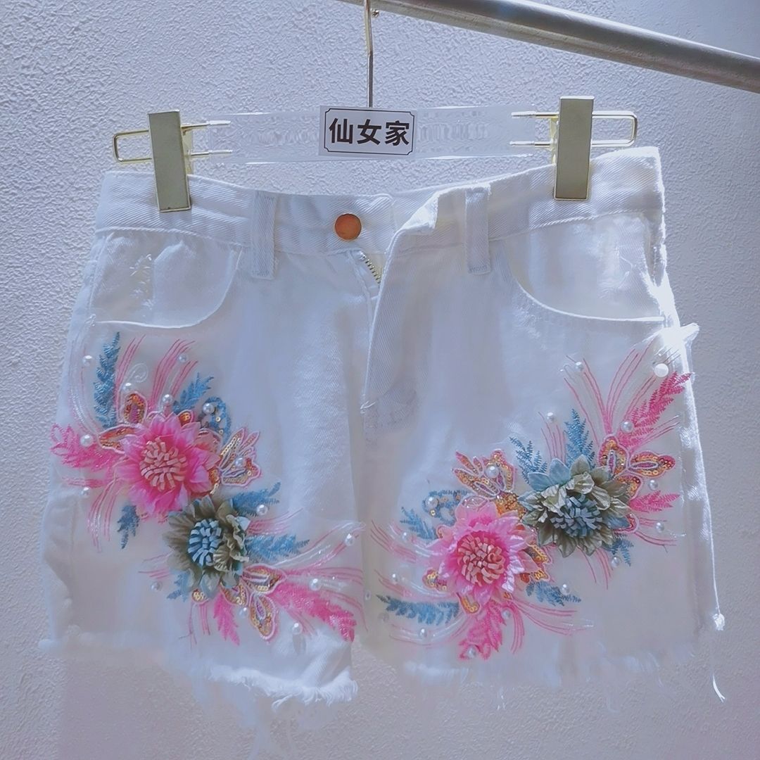Korean Fashion Women Summer De - Embroidery Jeans Sakura avis et prix