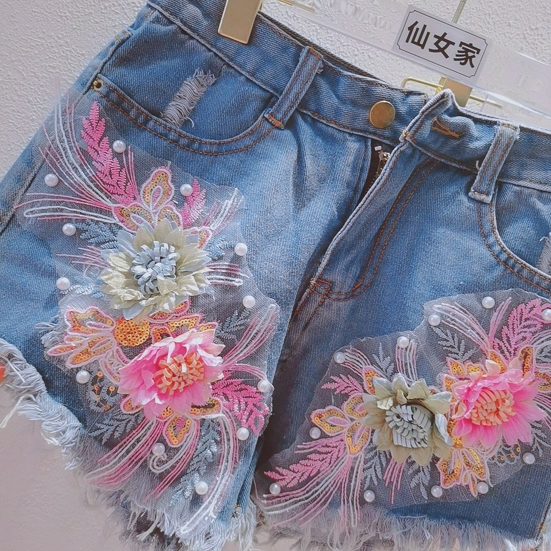 Korean Fashion Women Summer De - Embroidery Jeans Sakura avis et prix
