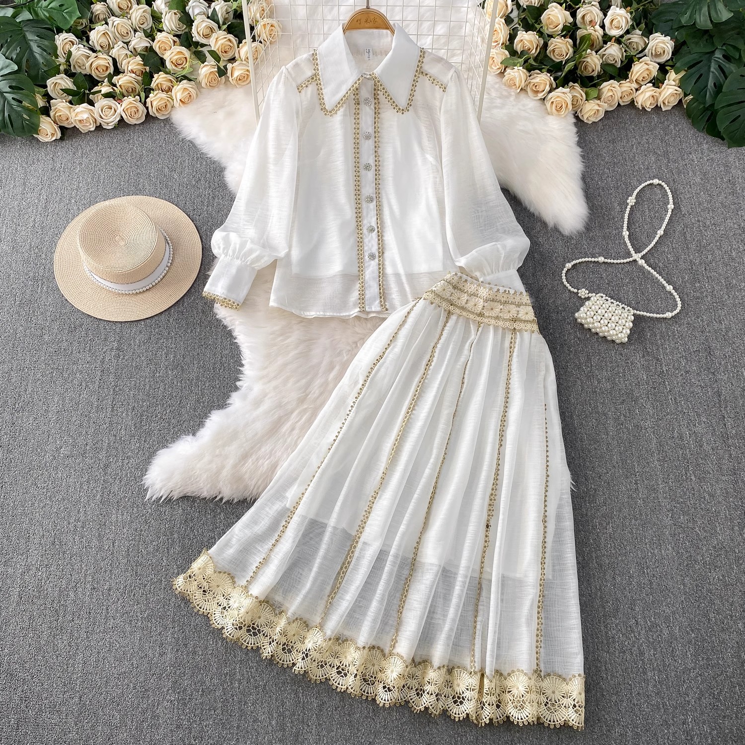 Elegant Shirt Skirt Suit Women - Embroidery Uniforms avis et prix
