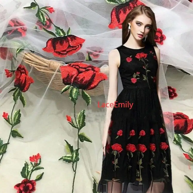 Red Rose Lace Fabric flower em - Embroidery Veil avis et prix