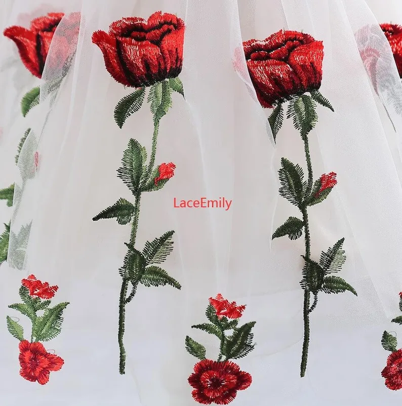 Red Rose Lace Fabric flower em - Embroidery Veil avis et prix