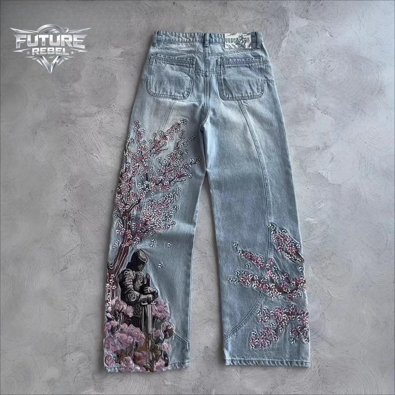 Mens Jeans Vintage Y2K Streetw - Embroidery Jeans Sakura avis et prix