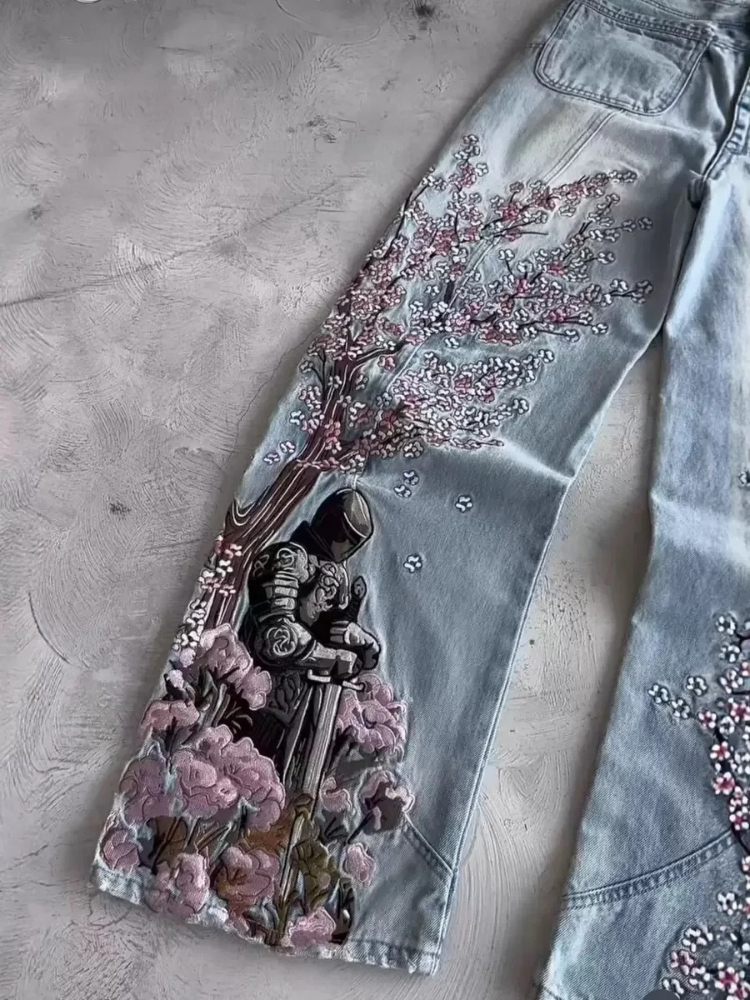 Mens Jeans Vintage Y2K Streetw - Embroidery Jeans Sakura avis et prix