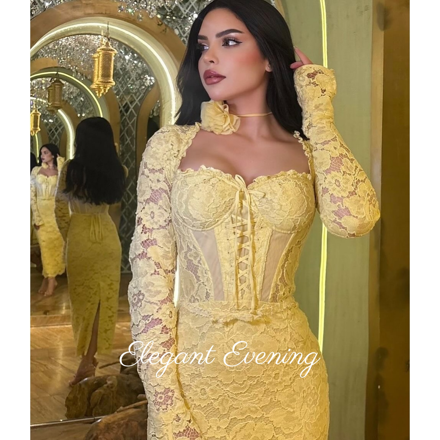 Yellow Lace Prom Dress Mermaid - Embroidery Yellow Flower avis et prix